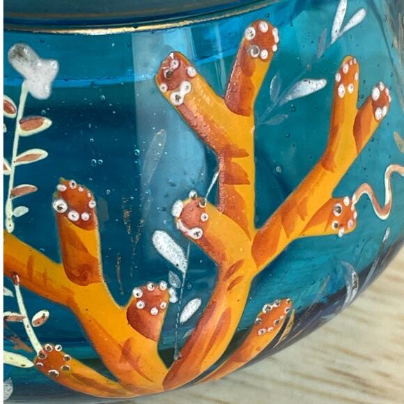 Vtg Signed Moser Art Glass Blue Coral Floral Vanity Jar with Lid Good Condition - Picture 6 of 12